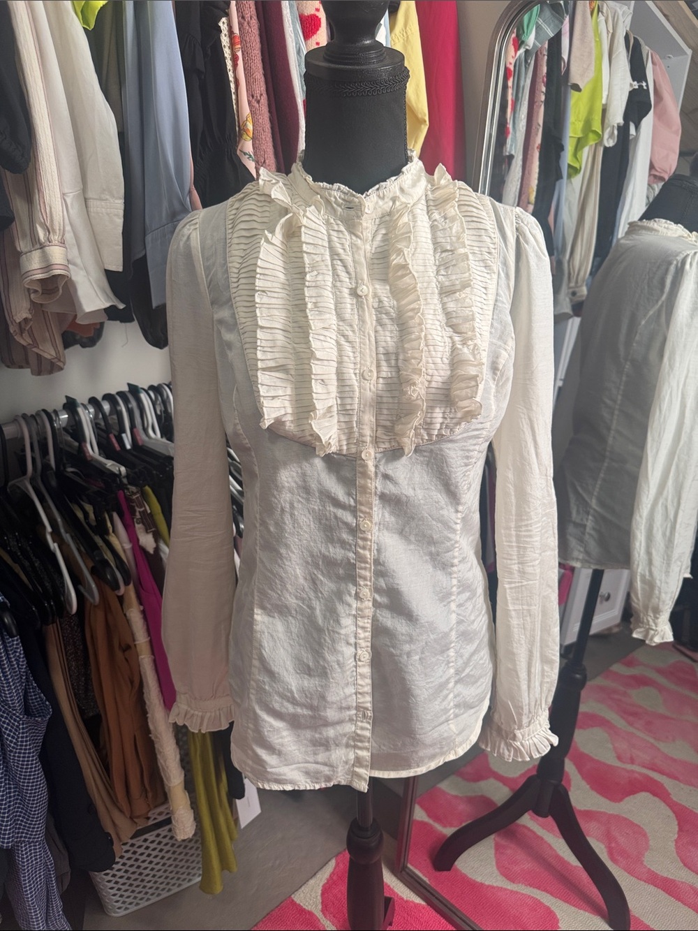 Lucky Brand Cream Ruffle Front Button-Down Blouse